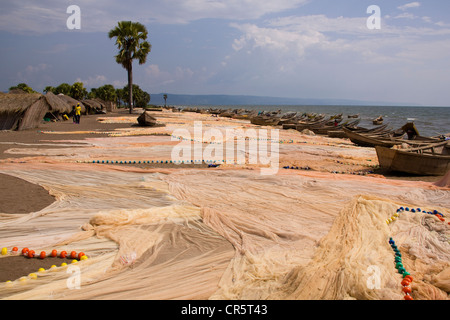 Bateaux de pêche sur les rives du lac Albert, village de pêcheurs de Butiaba, dans le Nord de l'Ouganda, l'Afrique Banque D'Images