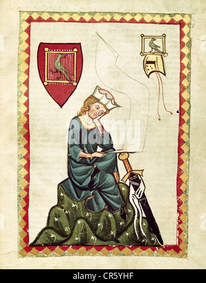 Walther von der Vogelweide, vers 1160 - vers 1230, minnesinger allemand, poète, mi-longueur, éclairage, Codex Manesse, Zurich 1305 - 1340, bibliothèque de l'Université d'Heidelberg, Banque D'Images