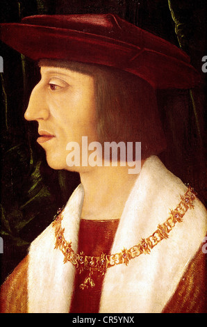 Maximilien I, 22.3.1459 - 12.1.1519, Saint Empereur romain 4.2.1508 - 12.1.1519, portrait, profil, peinture par Bernhard Strigel (1460 - 1528), Musée d'état de Tyrolienne Innsbruck, l'artiste n'a pas d'auteur pour être effacé Banque D'Images