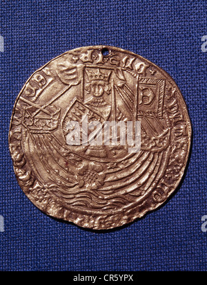 Edward III, 13.11.1312 - 21.6.1377, roi d'Angleterre 25.1.1327 - 21.6.1377, demi-longueur, image de pièce, pièce d'or, Noble 1344, en souvenir de la victoire dans la bataille navale de Sluys 1340, Banque D'Images