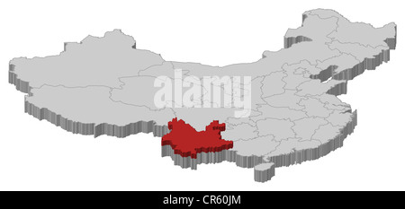 Carte politique de la Chine avec les diverses provinces où le Yunnan est en surbrillance. Banque D'Images