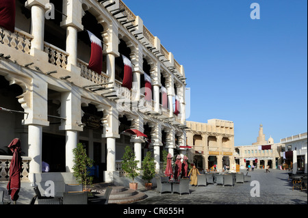 Dans le restaurant al Souq Waqif, le plus ancien souk, bazar ou du pays, , Qatar, Péninsule Arabique, du golfe Persique, au Moyen-Orient Banque D'Images