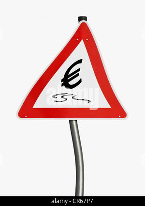 Panneau d'avertissement déformée, le dérapage symbole euro, image symbolique de la crise monétaire Banque D'Images