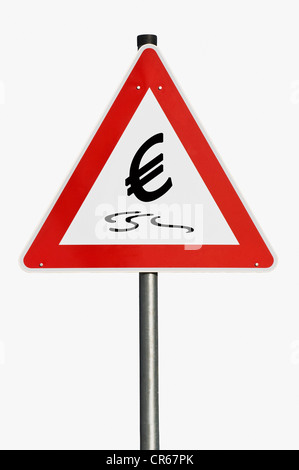 Panneau d'avertissement, le dérapage symbole euro, image symbolique de la crise monétaire Banque D'Images