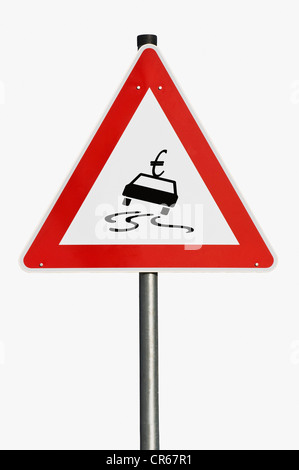 Signe de la circulation, le danger à venir, l'euro dans une vrille, image symbolique Banque D'Images