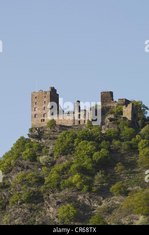 Château de Liebenstein, Levenstein, Wohnturm tower avec un mur protecteur et le reste de la tour Bergfried, Kamp-Bornhofen Banque D'Images