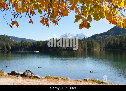 Allemagne, Bavière, Ramsau, Vue sur montagnes Watzmann avec lac Hintersee Banque D'Images