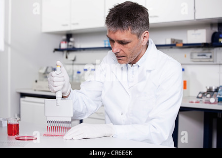 Germany, Bavaria, Munich, chemist liquide rouge à la pipette dans le bac d'essai en laboratoire pour la recherche médicale Banque D'Images