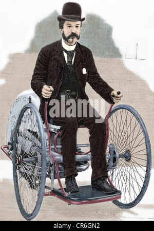 Le cycle de l'essence. Un moteur à essence est installé sur un vélo. United States. Gravure en couleur. 19e siècle. Banque D'Images