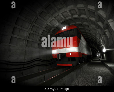 Rapide moderne rouge blanc locomotive électrique dans le tunnel noir avec des lumières Banque D'Images