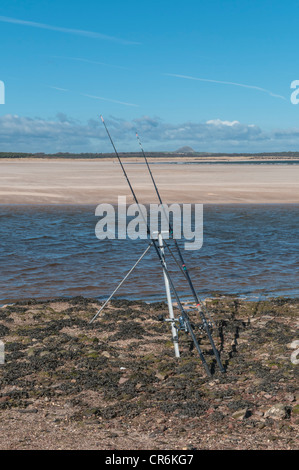 Des cannes à pêche sur la plage à Belhaven Bay West Barns nr Dunbar East Lothian en Écosse Banque D'Images