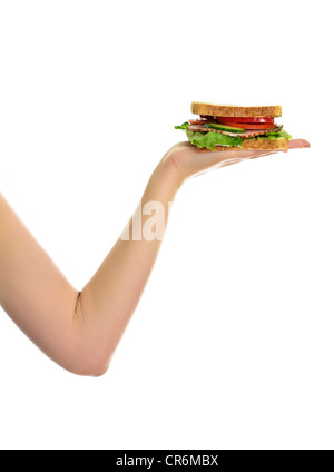 Woman's hand holding a sandwich, isolated on white Banque D'Images