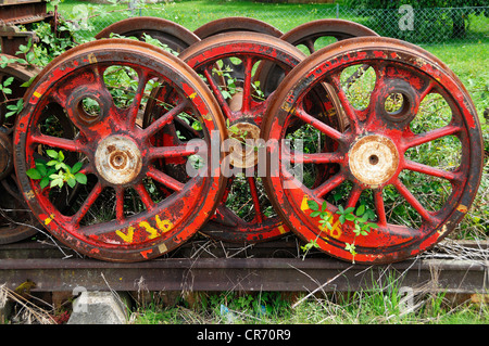 Roues jetées d'une locomotive à vapeur sur une voie de garage, envahi par la Ebermannstadt, Haute-Franconie, Germany, Europe Banque D'Images