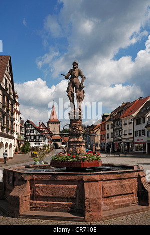 Statue d'un chevalier sur Roehrbrunnen fontaine, armoiries sur le bouclier, 1582, par Max Spranger à partir de Strasbourg, Haigeracher Tor Banque D'Images