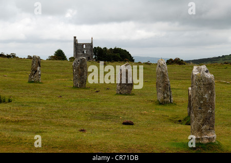 The Hurlers, pierre ronde cercle de pierres du début de l'âge du Bronze sur Bodmin Moor, larbins, Dartmoor, Cornwall Banque D'Images