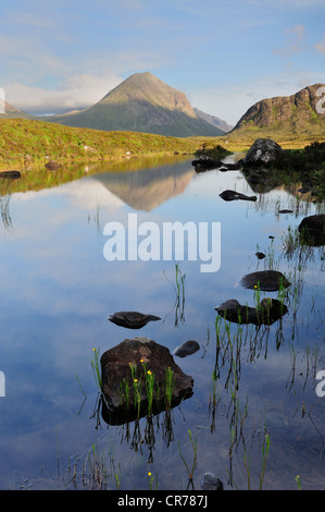 L'été sur l'île de Skye, Marsco reflétée dans un petit lochan à Glen Sligachan Banque D'Images