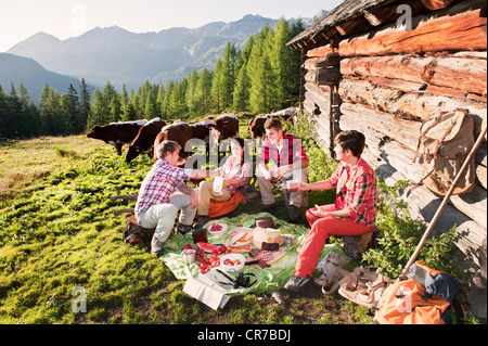 L'Autriche, Salzburg County, hommes et femmes ayant des aires de pique-nique près de chalet de montagne au coucher du soleil Banque D'Images