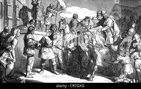 Conrad II, vers 990 - 4.6.1039, empereur romain Saint 1027 - 1039, scène, Conrad s'arrête sur son chemin à la cathédrale de Mayence, où il doit être roi oint, pour écouter les demandes des hommes ordinaires, 9.8.1024, gravure en bois, XIXe siècle, Banque D'Images