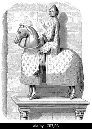 Philippe IV 'la Foire', 1268 - 29.11.1314, roi de France 1285 - 1314, pleine longueur, à cheval, en armure, entrant à Paris après sa victoire à Flandres, gravure en bois, XIXe siècle, après une statue équestre (détruite en 1772), Banque D'Images