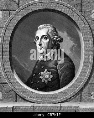 Frederick II les 'grandes', 24.1.1712 - 17.6.1786, le roi de Prusse 31.5.1740 - 17.6.1786, portrait, gravure sur cuivre de Johann Friedrich Bause, 1787, l'artiste n'a pas d'auteur pour être effacé Banque D'Images