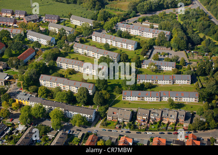 Vue aérienne, Schaffrath Village solaire, avec des panneaux solaires sur les toits, Gelsenkirchen, Ruhr, Rhénanie du Nord-Westphalie Banque D'Images