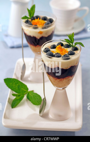 Tasse de yogourt, l'orange et aux bleuets. Recette disponible Banque D'Images