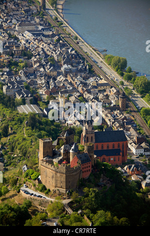 Vue aérienne, de l'hôtel Burghotel Auf Schoenburg, château, Rhin, Sankt Goar-Oberwesel, Rhénanie-Palatinat, Allemagne, Europe Banque D'Images