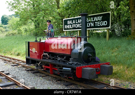 Bala Lake Railway - pompier vérifie le feu et l'eau sur une carrière Hunslet moteur. Banque D'Images