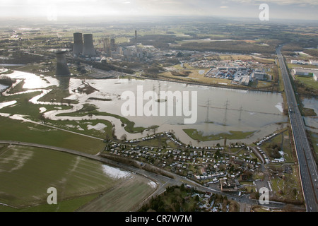 Vue aérienne de l'hiver, les inondations, Westfalen power plant, RWE Power, power plant construction site, Hamm, Lippetal, région de la Ruhr Banque D'Images