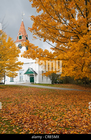 United States, New England, New Hampshire, Sugar Hill sur la pittoresque route 117, l'église baptiste de blanc et de feuilles d'automne Banque D'Images