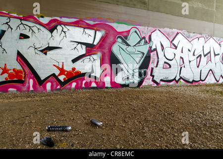 Graffiti sur un mur sous un pont avec le spray paint cans laissés sur le terrain, Nottingham, England, UK Banque D'Images