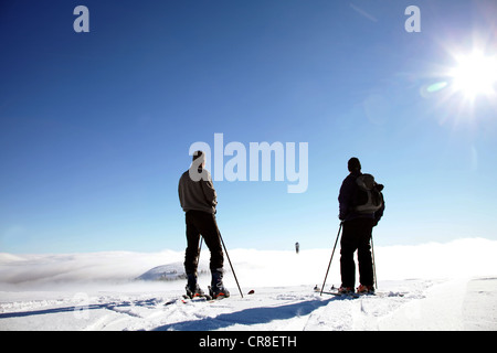 Deux skieurs de fond profitant de la vue depuis le sommet du mont Feldberg à Seebuck Mountain dans le brouillard Banque D'Images