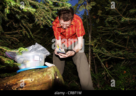 Géocacheur du levage d'une géocache dans les bois et signe le carnet de Banque D'Images