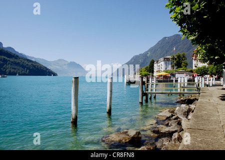 Waterfront à Brunnen sur le lac de Lucerne, Ingenbohl, Canton de Schwyz, Suisse, Europe, PublicGround Banque D'Images