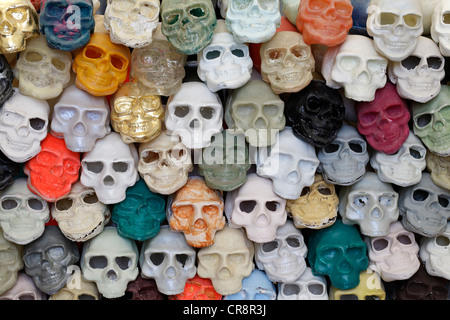 Des crânes en plastique peintes de couleurs vives, d'art, exposition de travaux d'étudiants, Kunstakademie Düsseldorf arts academy Banque D'Images