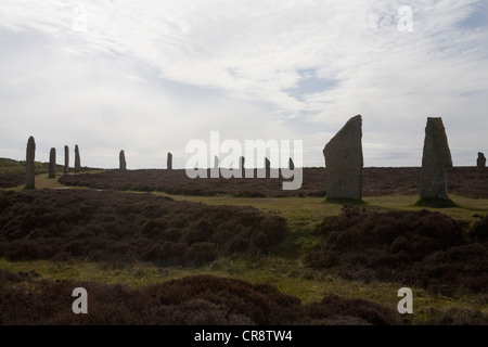 Orkney Stenness Loch Ecosse Royaume-uni continentale de l'ouest de l'anneau de cercle de pierre henge néolithique Shetlands silhouetté contre le ciel clair Banque D'Images