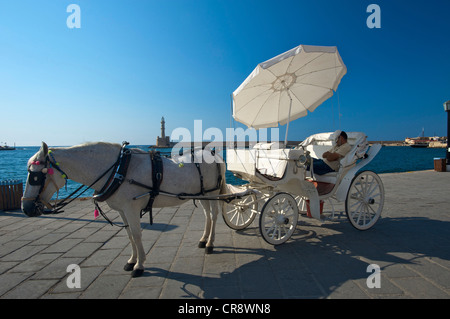 Promenades en calèche dans le port de La Canée, Crète, Grèce, Europe Banque D'Images