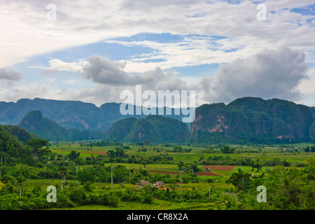 Colline calcaire, terres agricoles et maison de village en vallée de Vinales, site du patrimoine mondial de l'UNESCO, Cuba Banque D'Images