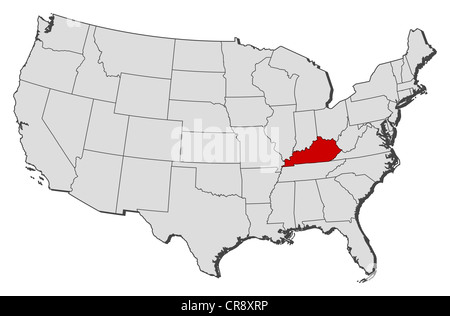 Carte politique des Etats-Unis avec les divers États où le Kentucky est mis en évidence. Banque D'Images