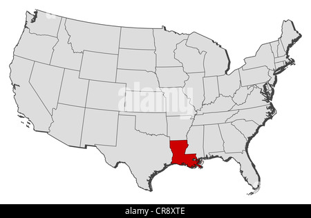 Carte politique des Etats-Unis avec plusieurs États où la Louisiane est en surbrillance. Banque D'Images