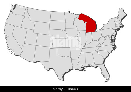 Carte politique des Etats-Unis avec plusieurs États où le Michigan est en surbrillance. Banque D'Images