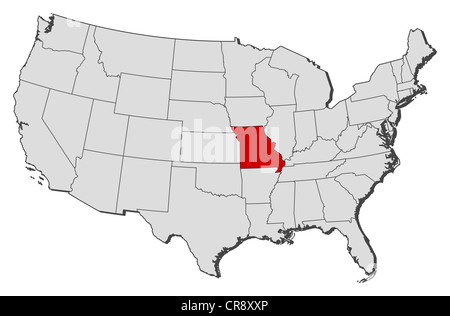 Carte politique des Etats-Unis avec les divers États où le Missouri est mis en évidence. Banque D'Images