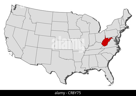 Carte politique des Etats-Unis avec plusieurs États où la Virginie de l'Ouest est en surbrillance. Banque D'Images