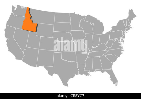 Carte politique des Etats-Unis avec les divers états de l'Idaho où est mis en évidence. Banque D'Images