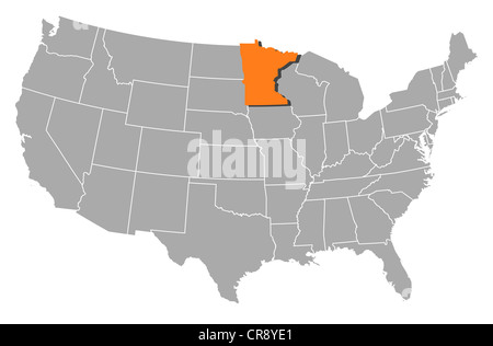 Carte politique des Etats-Unis avec les divers états du Minnesota où est mis en évidence. Banque D'Images