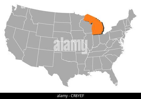 Carte politique des Etats-Unis avec plusieurs États où le Michigan est en surbrillance. Banque D'Images