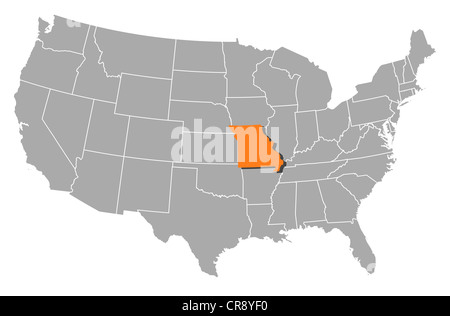 Carte politique des Etats-Unis avec les divers États où le Missouri est mis en évidence. Banque D'Images