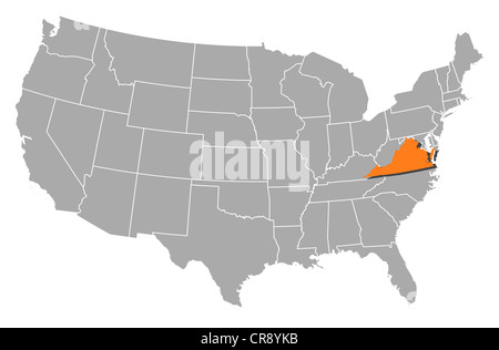 Carte politique des Etats-Unis avec les divers états où Virginia est en surbrillance. Banque D'Images
