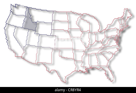 Carte politique des Etats-Unis avec les divers états de l'Idaho où est mis en évidence. Banque D'Images