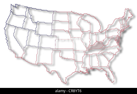 Carte politique des Etats-Unis avec les divers États où le Kentucky est mis en évidence. Banque D'Images